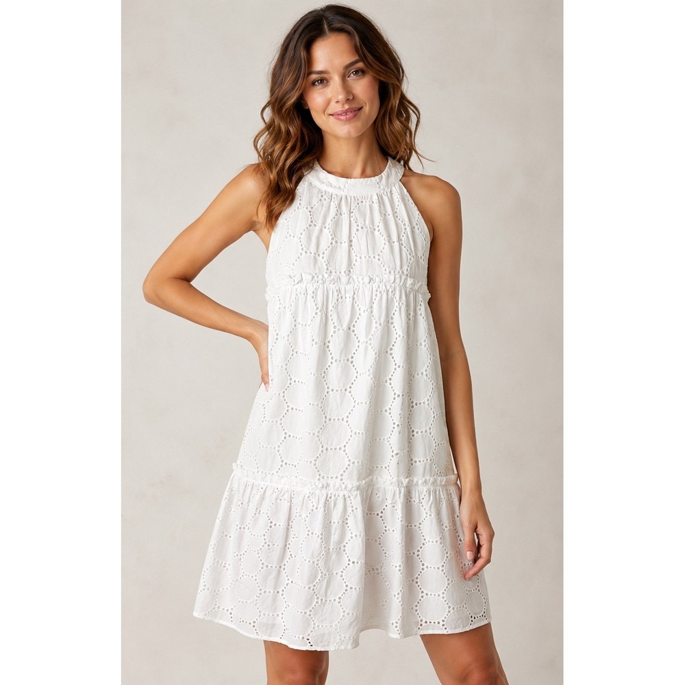 STS Eyelet Halter Mini Dress Women 4 White Tiered Babydoll Boho Cottage Preppy